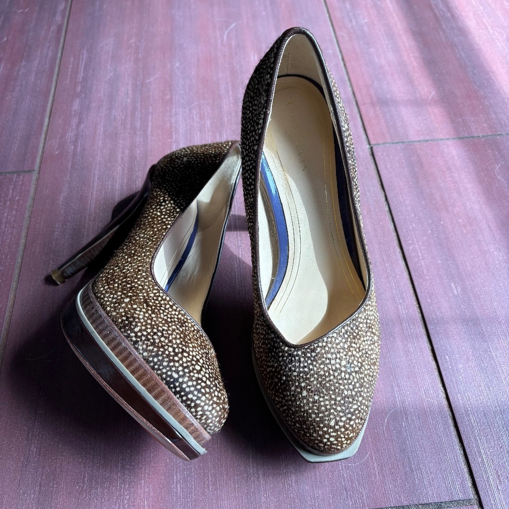 Cole Haan Chelsea leopard print calf hair platform pumps